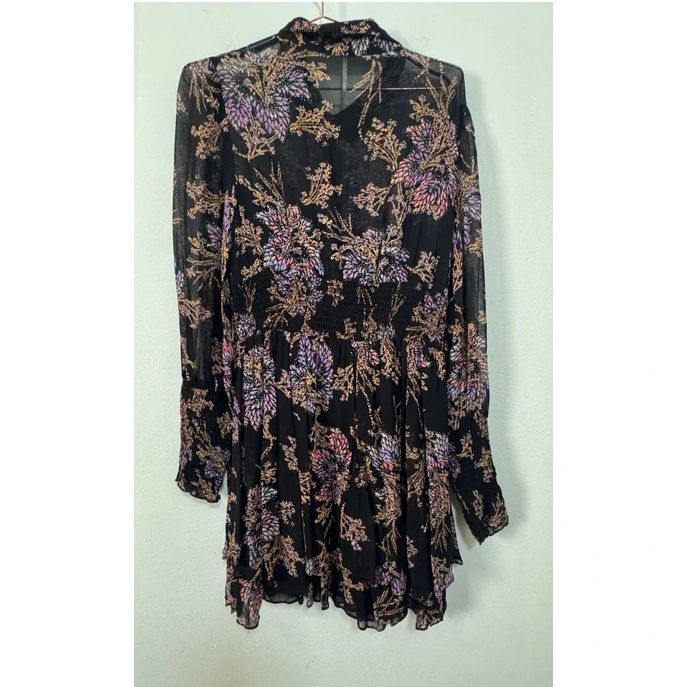 Free People Fake Pretend Black Floral Print Long Sleeve Mini Dress Smocked Waist